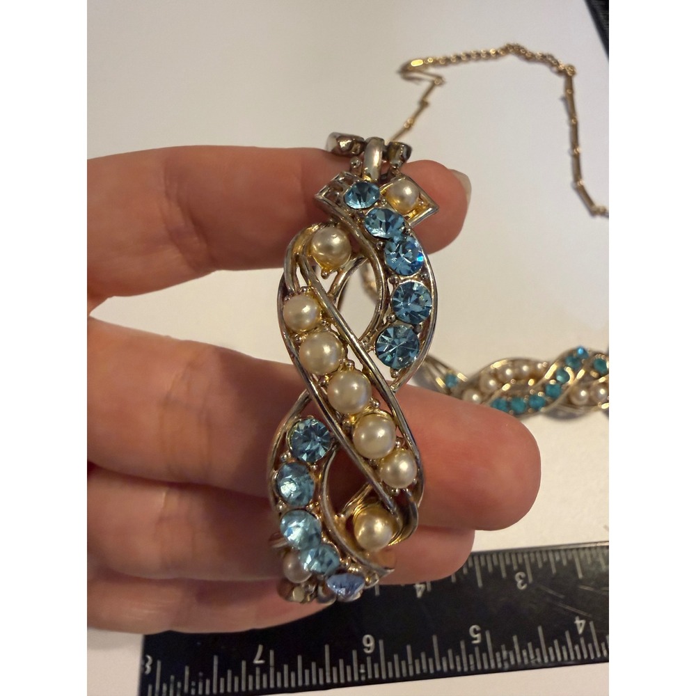 Vintage Coro Blue Rhinestone Faux Pearl Necklace and Bracelet‎ Set Gold Tone